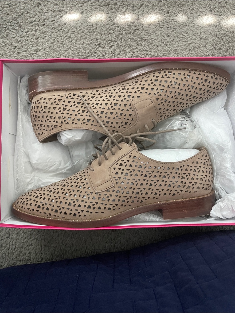 Vince Camuto Taupe Laser-Cut Lace-Up Flats